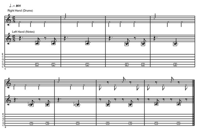 Example 2 - This is the same principle as our first example but with a slightly more complex 6/8 cross-rhythm. It's best to make sure you know what's going on with each hand in isolation before you attempt to bring them both together. Once you're comfortable with the rhythm, experiment with some note locations of your own.